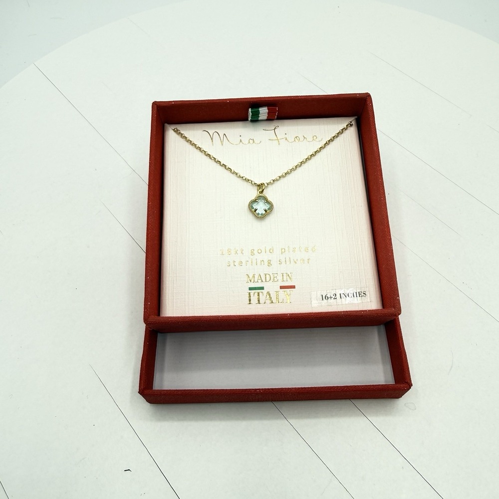 Mia Fiore ITALY 14KT Gold Plated .925 SS Blue Clover Crystal Necklace~New In Box